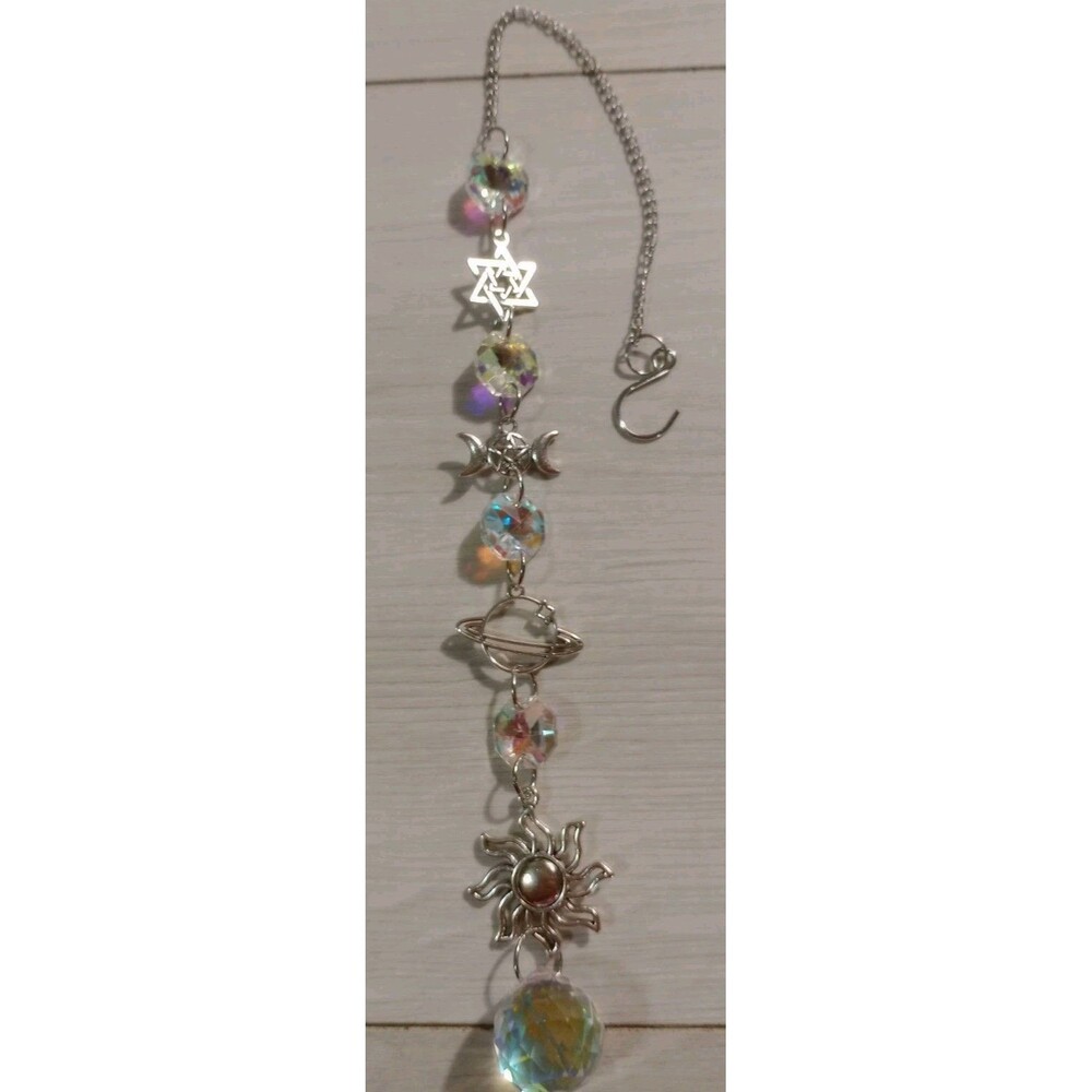 Suncatcher Crystal Light Prism Sun Moon & Stars Silver Tone 13" Garden Window